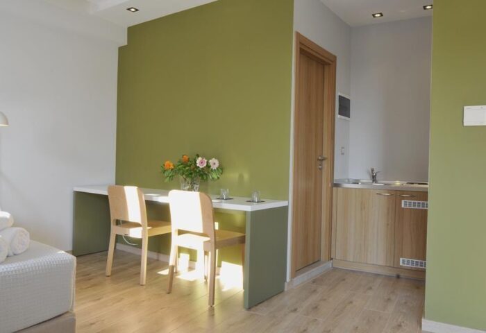A For Athens Hotel room. Gay-friendly hotel with kitchenette, table, and chairs. Modern design for gay men travelers. Athens lodging.