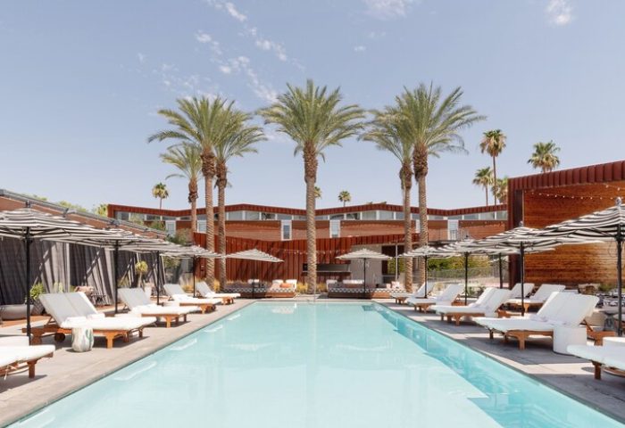 ARRIVE Palm Springs hotel pool. A gay-friendly travel destination with lounge chairs, umbrellas, and palm trees. Perfect for vacation.