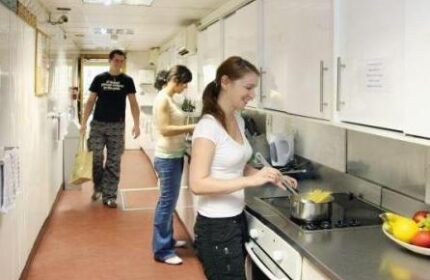 Abbey Court Hostel's kitchen. Guests cook in a communal area at this gay-friendly hotel. Budget travel, hostel life, and shared cooking.