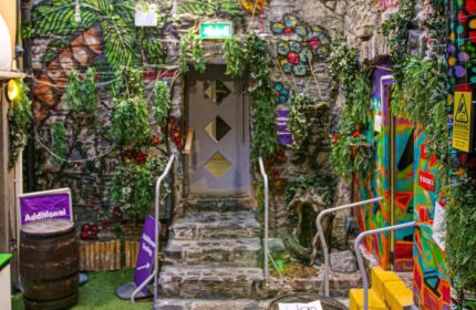 Abbey Court Hostel's unique interior. Stone walls, murals, and greenery create a vibrant, welcoming space. Great gay-friendly hotel choice.
