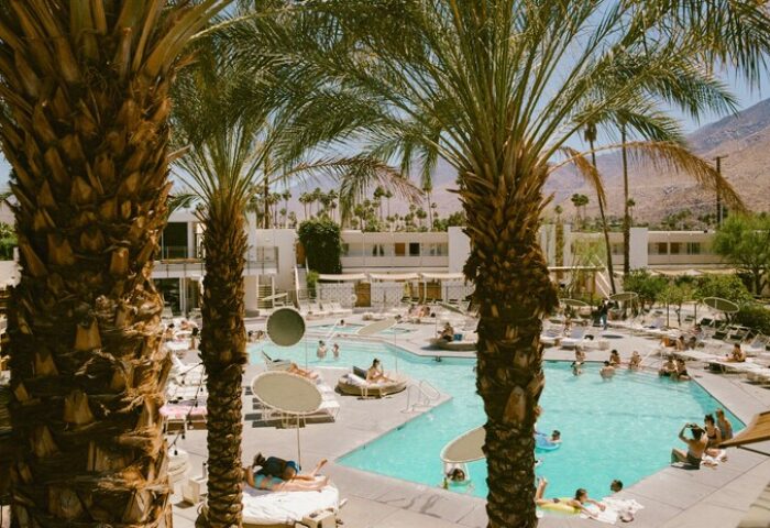 Ace Hotel & Swim Club Palm Springs pool scene. Gay-friendly hotel with palm trees, pool, and guests relaxing. A perfect gay travel destination.
