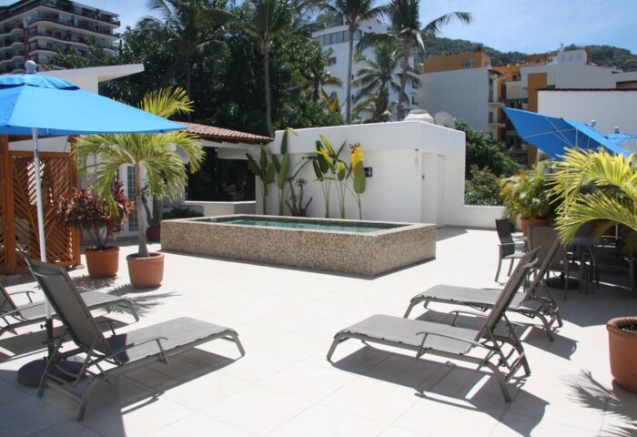 Rooftop pool and lounge at Amapas Apartments, a gay-friendly hotel in Puerto Vallarta. Features lounge chairs, umbrellas, and tropical plants.