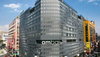 Amba Taipei Ximending, a gay-friendly hotel. Modern building with triangular patterns in Taipei's Ximending district. Great stay for gay travelers.