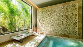 Andaz Mayakoba Resort Riviera Maya, By Hyatt: Gay-friendly hotel bathroom with a soaking tub and a view of lush greenery.