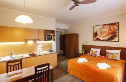 Anyday Apartments gay-friendly hotel room. Interior view of a studio apartment with a bed, kitchenette, and dining table. Perfect for gay travel.