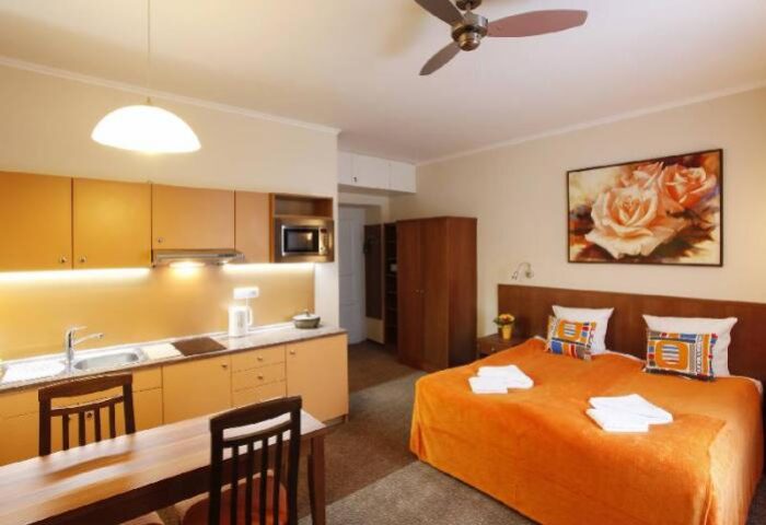 Anyday Apartments gay-friendly hotel room. Interior view of a studio apartment with a bed, kitchenette, and dining table. Perfect for gay travel.