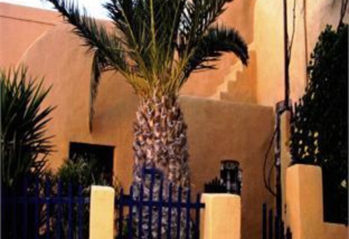 Aperto Suites, a gay-friendly hotel, adults only. Exterior view with palm tree and blue fence. Ideal for gay travel and relaxation.