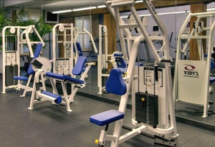 Argonaut Hotel's gym with Cybex weight machines. This gay-friendly hotel offers fitness for travelers. Great for gay men's travel advice.