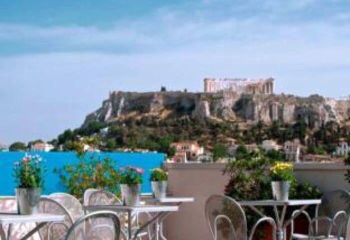 Arion Athens Hotel's rooftop terrace view of the Acropolis. A gay-friendly hotel in Athens, Greece with a beautiful view.