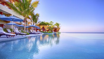 Infinity pool at Armony Resort & Spa, an all-inclusive, adults-only, gay-friendly hotel. Loungers and palm trees overlooking the ocean.