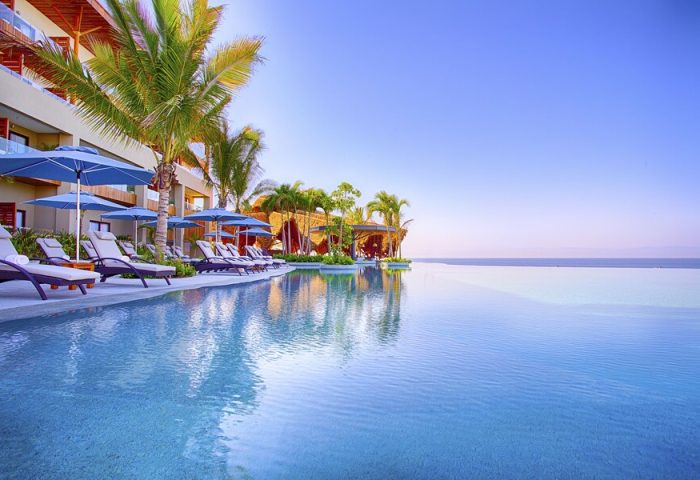 Infinity pool at Armony Resort & Spa, an all-inclusive, adults-only, gay-friendly hotel. Loungers and palm trees overlooking the ocean.