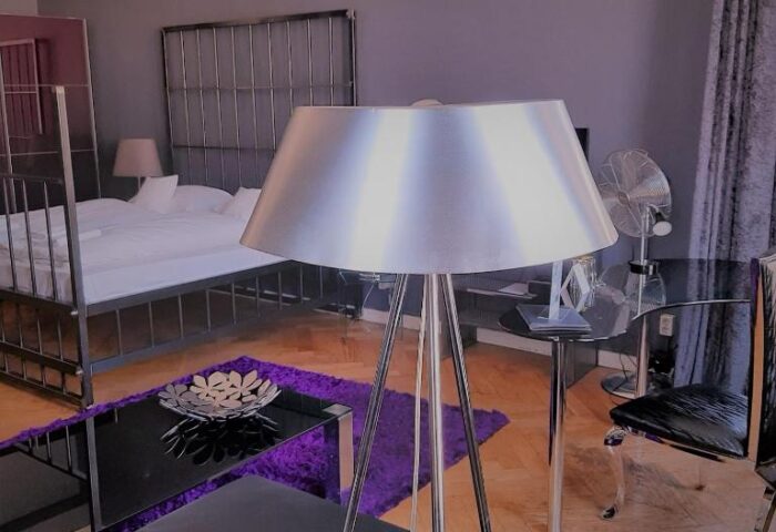 ArtHotel Connection: Gay-friendly, pet-friendly room with a unique metal bed frame, purple rug, and modern lamp. Stylish travel lodging.
