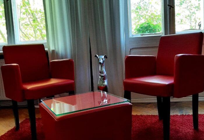 ArtHotel Connection gay-friendly hotel pet-friendly room. Two red armchairs, a red table, and a dog statue create a stylish, welcoming space.