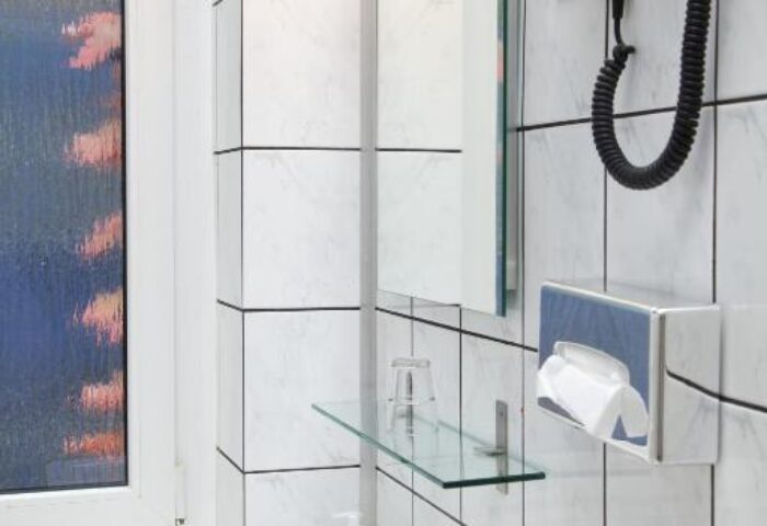 ArtHotel Connection's bathroom: Sink, mirror, hairdryer, and window. A pet-friendly, gay-friendly hotel detail.