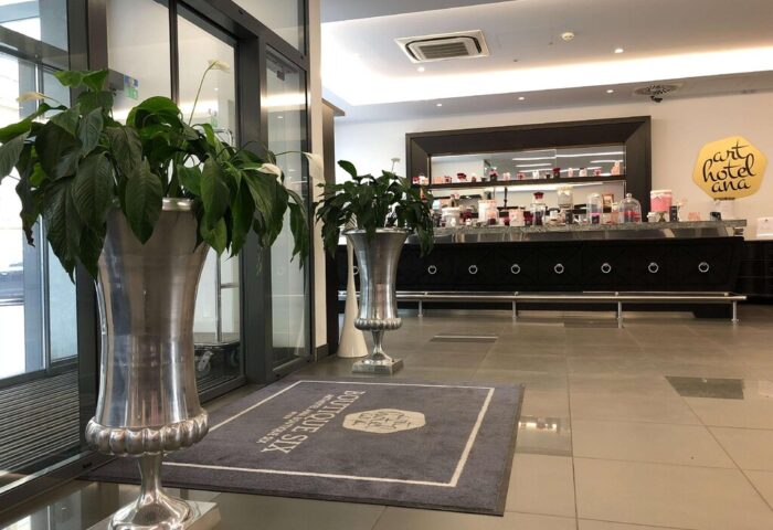 Arthotel ANA Boutique Six lobby. Gay-friendly hotel entrance with plants, rug with hotel logo, and a bar in the background. Modern design.
