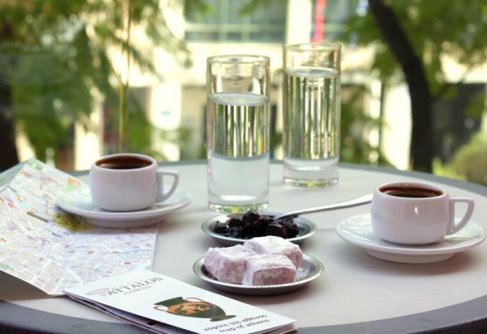 Attalos Hotel, a gay-friendly hotel in Athens: Coffee, water, Turkish delight, and a map of Athens. Perfect for planning your gay travel adventure.