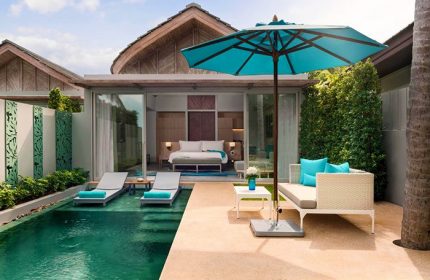 Avani+ Samui Resort: Gay-friendly hotel with private pool access. Luxurious villa with sun loungers, umbrella, and a view of the bedroom.