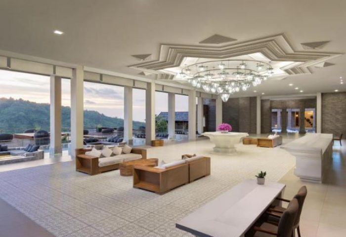 Avista Hideaway Phuket Patong MGallery by Sofitel lobby. Elegant interior, chandelier, and mountain view. A gay-friendly hotel choice.