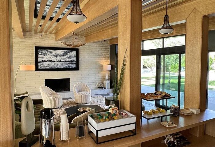 Azure Sky Hotel adults only, gay-friendly hotel lobby with snacks, drinks, and modern decor. A relaxing space.