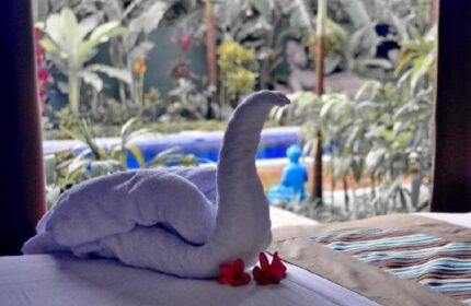 Balinea Villa & Spa gay-friendly hotel room detail. Towel swan on bed with flowers. Pool and garden view. Gay travel luxury.