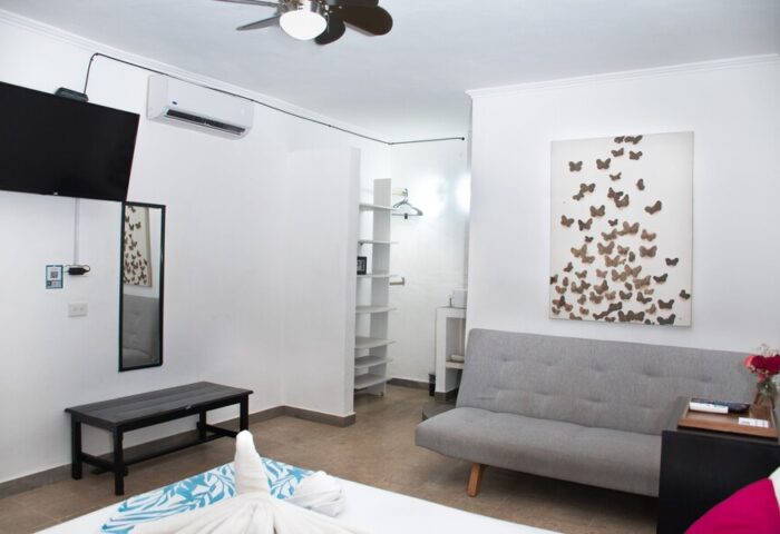 Beach Energy Hotel By BFH room. Interior of this gay-friendly hotel with a butterfly art piece, sofa, TV, and modern decor.
