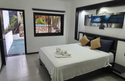 Beach Energy Hotel room. Gay-friendly hotel by BFH. King bed, pool view, modern art. Ideal for gay men travel.