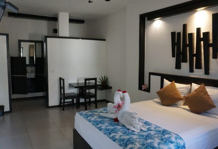 Beach Energy Hotel By BFH room. Gay-friendly hotel bedroom with swan towels, bed, and decor. Modern design for gay men's travel.