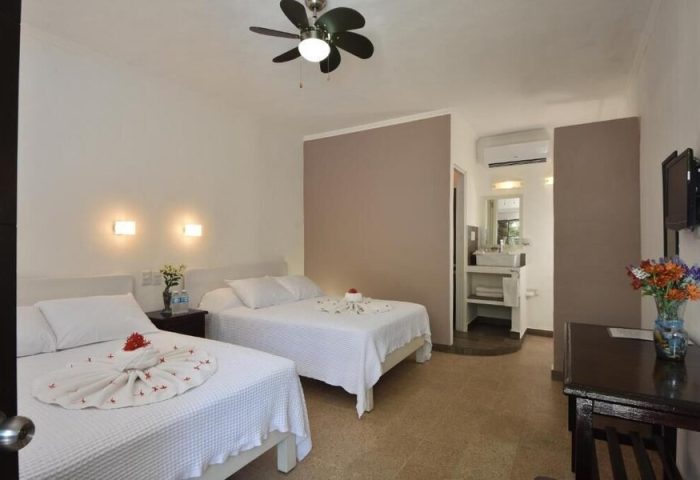 Beach Energy Hotel By BFH room. Gay-friendly hotel featuring two beds with white linens, ceiling fan, bathroom, and colorful flowers.