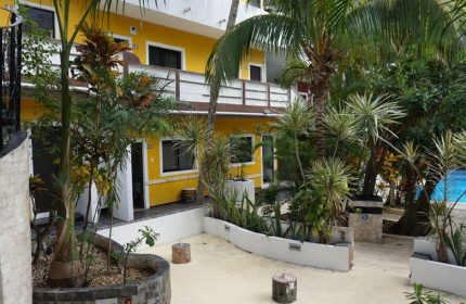 Beach Energy Hotel By BFH, a gay-friendly hotel. Exterior view of the yellow building surrounded by tropical plants and a glimpse of the pool.