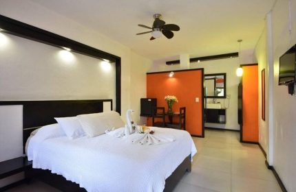 Beach Energy Hotel by BFH: Gay-friendly hotel room interior. Bed with swan towels, orange accent wall, and open bathroom. Modern design.