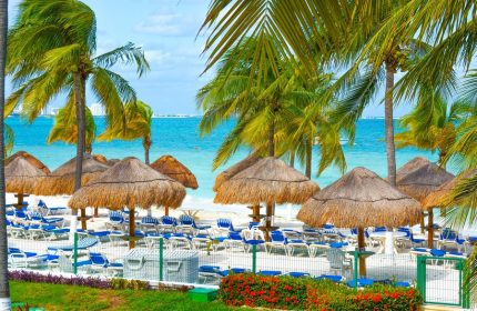 Beachscape Kin Ha Villas & Suites Cancun: Gay-friendly hotel beach view with palm trees, thatched umbrellas, and lounge chairs. Perfect for gay travel.