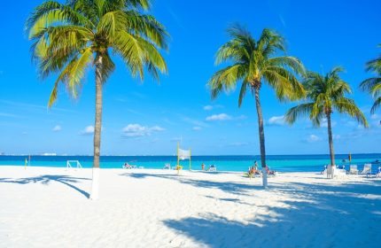 Beachscape Kin Ha Villas & Suites Cancun: Palm trees on white sand beach. Gay-friendly hotel in Cancun, turquoise water, blue sky.