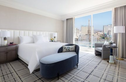 Bellagio Hotel room with a view of the Las Vegas strip. Gay-friendly hotel with luxury amenities for gay travelers. Interior design.