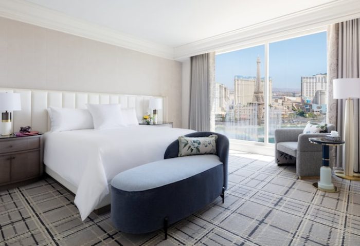 Bellagio Hotel room with a view of the Las Vegas strip. Gay-friendly hotel with luxury amenities for gay travelers. Interior design.