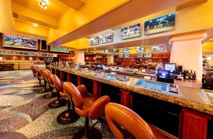 Gay-friendly Bellagio Hotel sports bar in Las Vegas. Leather chairs line the bar with multiple TVs showing sports. A great place for gay men to relax.