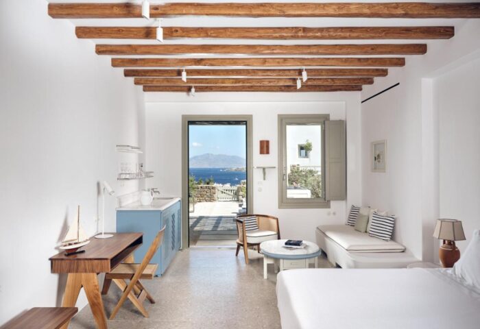 Belvedere Mykonos Hilltop Complex room interior. Gay-friendly hotel with sea view. Mykonos travel for gay men. Luxury suite design.