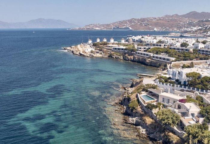 Belvedere Mykonos Waterfront Villa & Suites view. Gay-friendly hotel with pool, windmills, and ocean views. Ideal for gay men's travel.