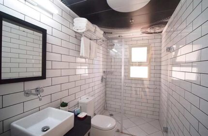 Ben Yehuda Apartments' bathroom. Modern design with white brick tiles, glass shower, sink, and toilet. Gay-friendly hotel for travel advice.
