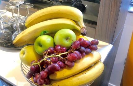 Fruit bowl at Best Western Plus Vauxhall Hotel. Bananas, apples, and grapes offer a healthy snack at this gay-friendly hotel.