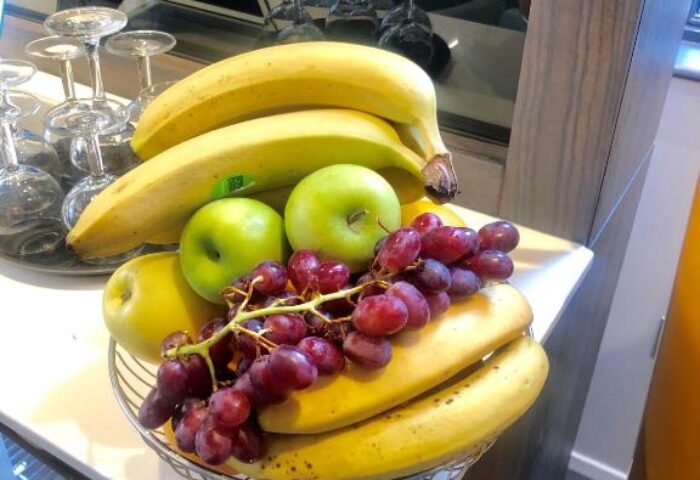 Fruit bowl at Best Western Plus Vauxhall Hotel. Bananas, apples, and grapes offer a healthy snack at this gay-friendly hotel.
