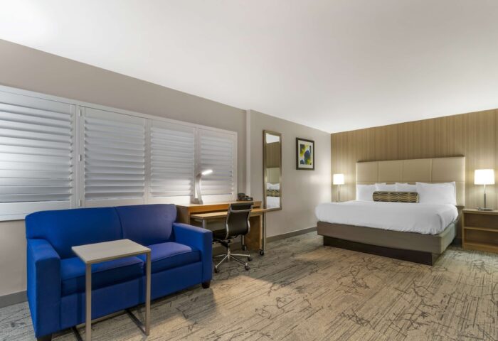 Best Western Red Coach Inn gay-friendly hotel room. King bed, blue sofa, desk, and modern decor. Comfortable stay for gay travelers.