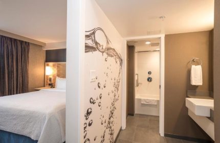 Blue Horizon Hotel gay-friendly room. Clean, modern design with a bed, bathroom, and unique water-themed wall art. Ideal for gay travelers.