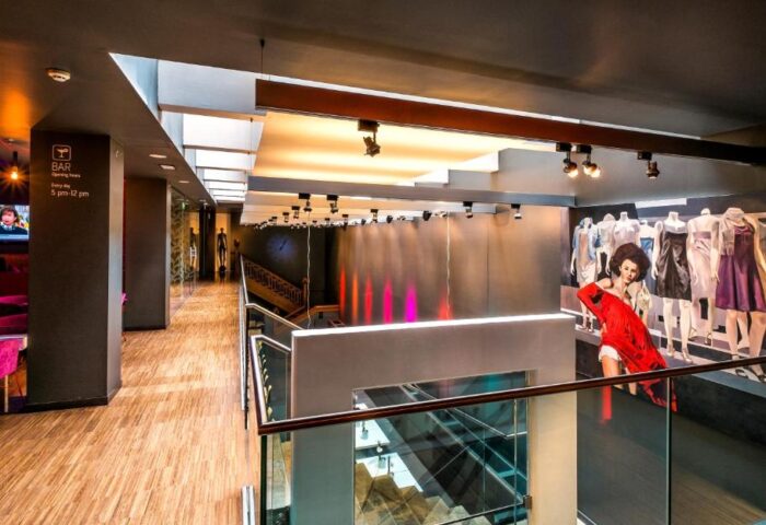 Bohem Art Hotel interior. Modern design, art, and mannequins. Gay-friendly hotel with a stylish bar. Perfect for gay men's travel in Budapest.