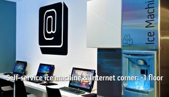 Bohem Art Hotel's Internet corner with computers and an ice machine. A gay-friendly hotel amenity for travelers in Budapest, Hungary.