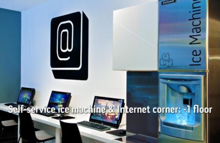 Bohem Art Hotel's Internet corner with computers and an ice machine. A gay-friendly hotel amenity for travelers in Budapest, Hungary.