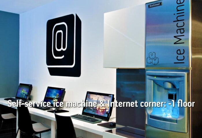 Bohem Art Hotel's Internet corner with computers and an ice machine. A gay-friendly hotel amenity for travelers in Budapest, Hungary.