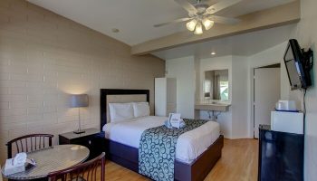 CCBC Resort Hotel room. Gay men's resort features a bed, table, TV, mini fridge, and bathroom sink. Gay-friendly hotel in Palm Springs.