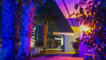 CCBC Resort Hotel, a gay men's resort. Night view with palm trees illuminated with blue and red lights, creating a vibrant, gay-friendly atmosphere.