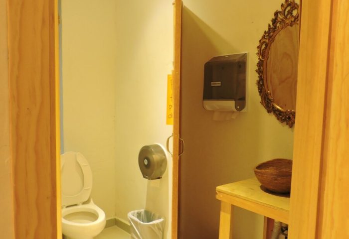 Bathroom interior at a gay-friendly capsule hostel. Toilet, sink, mirror, and trash can visible. Budget travel lodging option.
