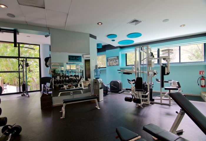 Casa Cupula's gay-friendly hotel gym. Fitness center with weights, machines, and mirrors. A great place for gay travelers to stay in shape.